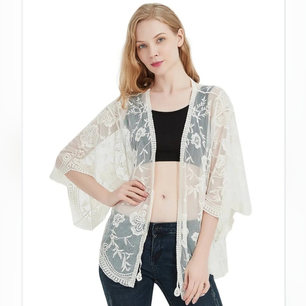 Anna Kaci Womens Floral Lace Cottage Country Open Lace Cardigan New